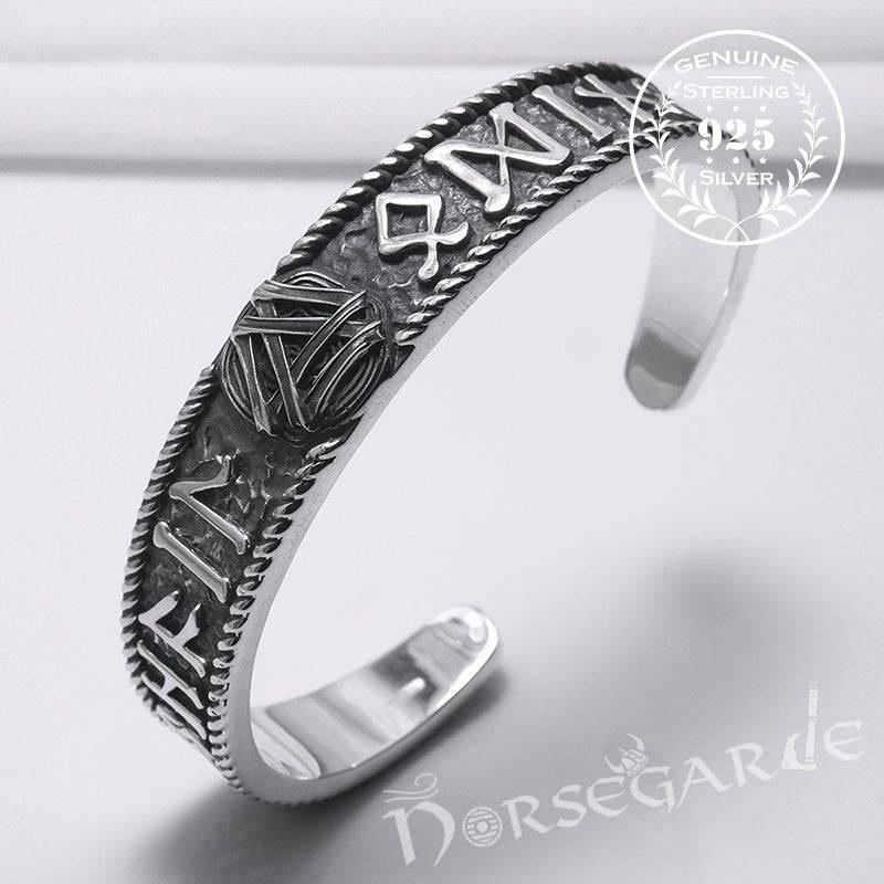 Adjustable Sterling Silver arm ring featuring the Valknut rune and stylized Elder Futhark runes along the outer band, presented on a white background.