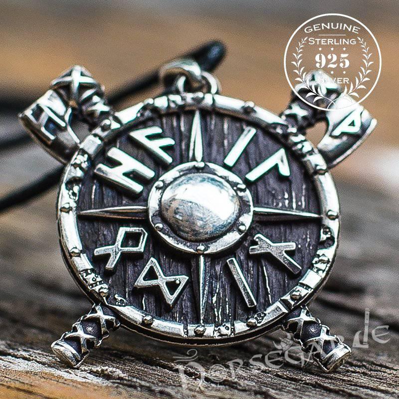 Handcrafted Runic Axes and Shield Pendant - Sterling Silver - Norsegarde