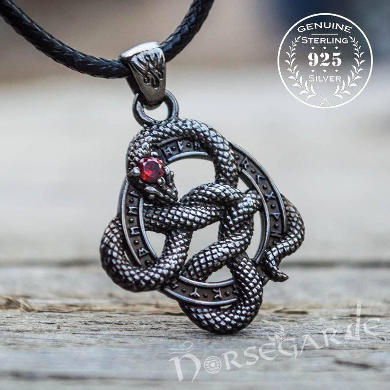 Handcrafted Runic Coiled Jormungandr Pendant - Ruthenium Plated Sterling Silver - Norsegarde
