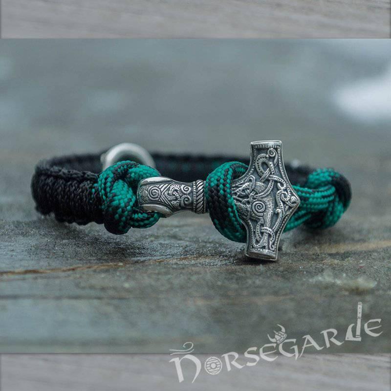 Handcrafted Shaded Paracord Bracelet with Mjölnir and Rune - Sterling Silver - Norsegarde
