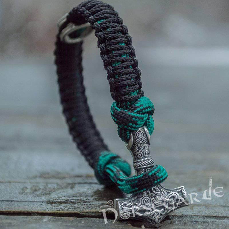 Handcrafted Shaded Paracord Bracelet with Mjölnir and Rune - Sterling Silver - Norsegarde