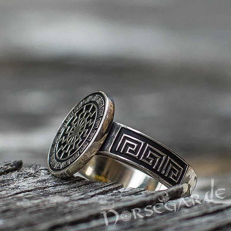 Handcrafted Sunwheel Shield Signet Ring - Sterling Silver - Norsegarde