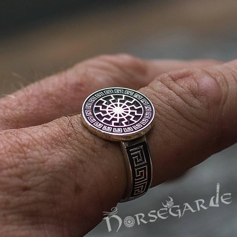 Handcrafted Sunwheel Shield Signet Ring - Sterling Silver - Norsegarde
