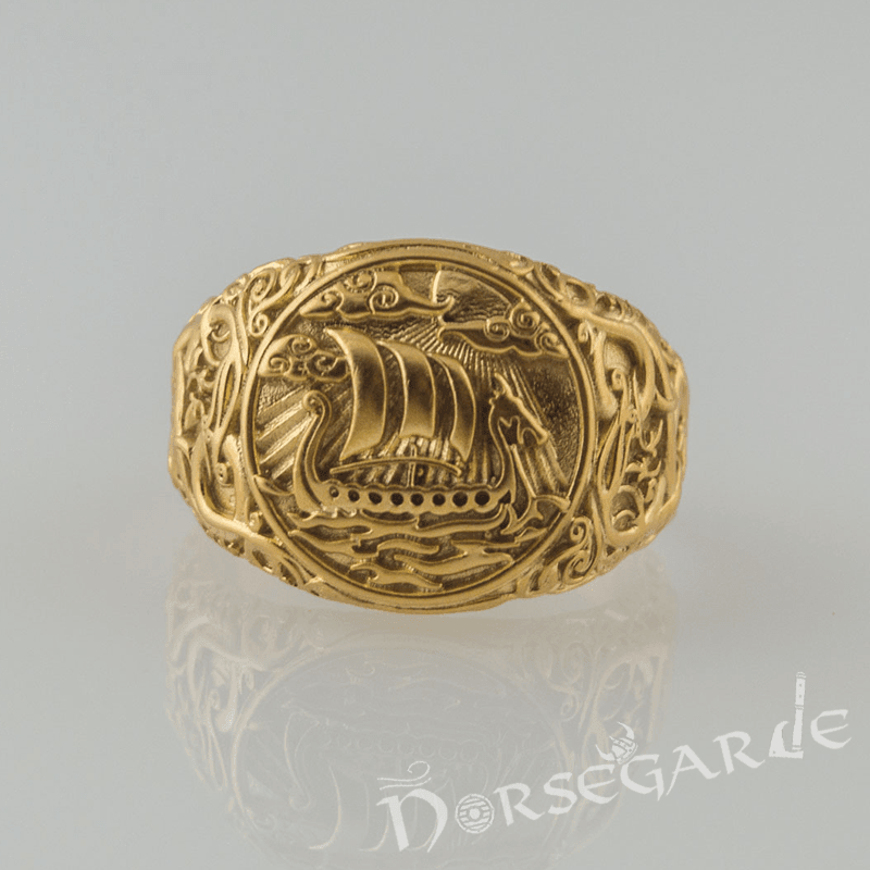 Handcrafted Urnes Style Drakkar Ring - Gold - Norsegarde