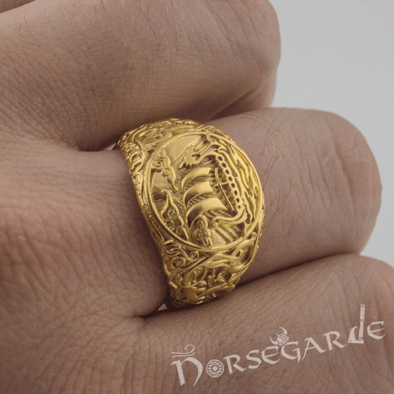 Handcrafted Urnes Style Drakkar Ring - Gold - Norsegarde
