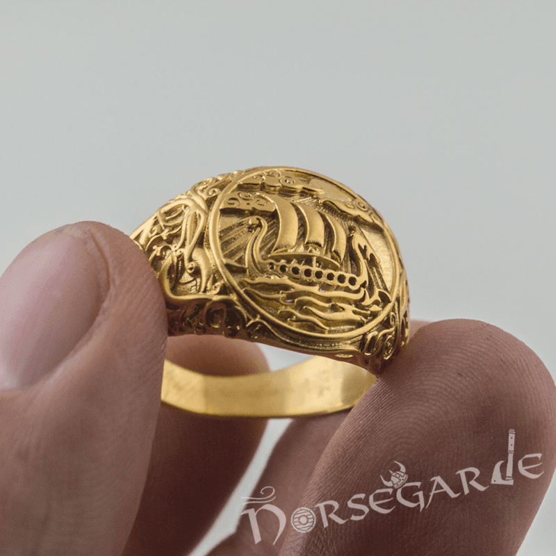 Handcrafted Urnes Style Drakkar Ring - Gold - Norsegarde