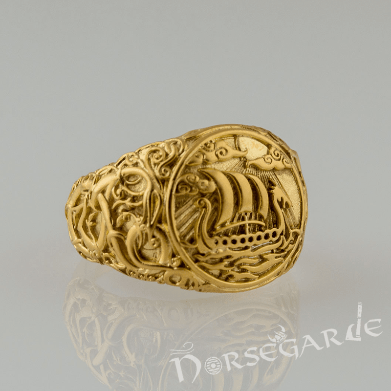 Handcrafted Urnes Style Drakkar Ring - Gold - Norsegarde