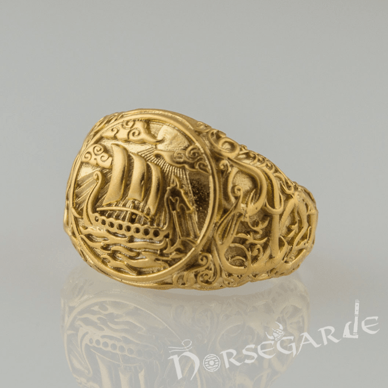 Handcrafted Urnes Style Drakkar Ring - Gold - Norsegarde