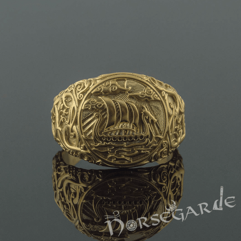 Handcrafted Urnes Style Drakkar Ring - Gold - Norsegarde