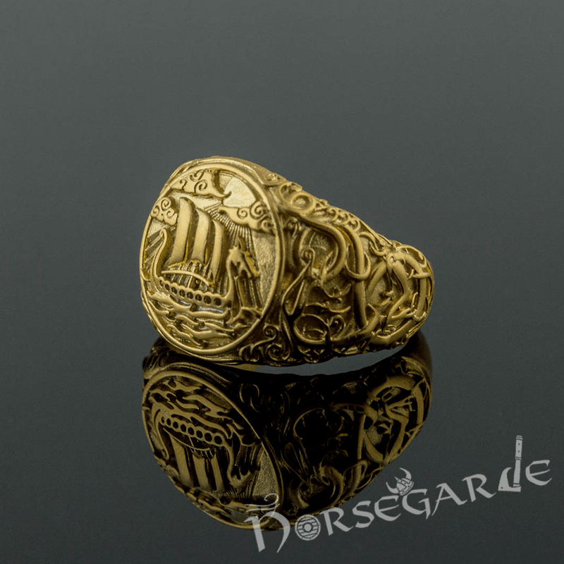 Handcrafted Urnes Style Drakkar Ring - Gold - Norsegarde