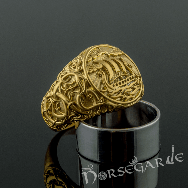 Handcrafted Urnes Style Drakkar Ring - Gold - Norsegarde