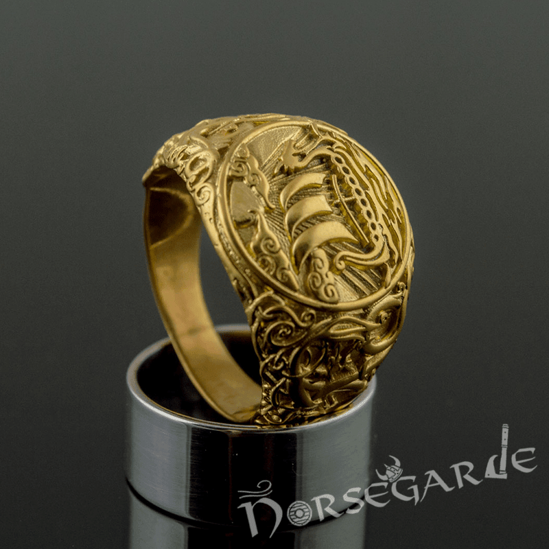 Handcrafted Urnes Style Drakkar Ring - Gold - Norsegarde