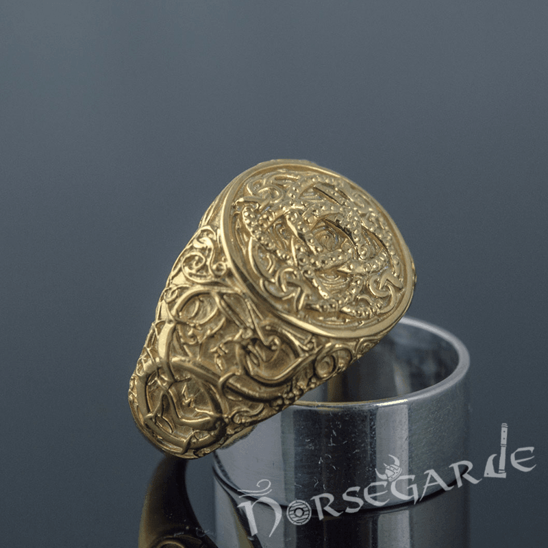 Handcrafted Urnes Style Jormungandr Ring - Gold - Norsegarde