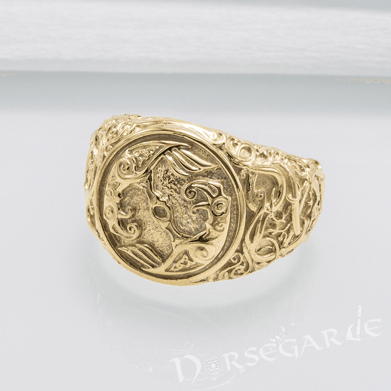 Handcrafted Urnes Style Ravens Ring - Gold - Norsegarde