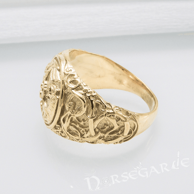 Handcrafted Urnes Style Ravens Ring - Gold - Norsegarde