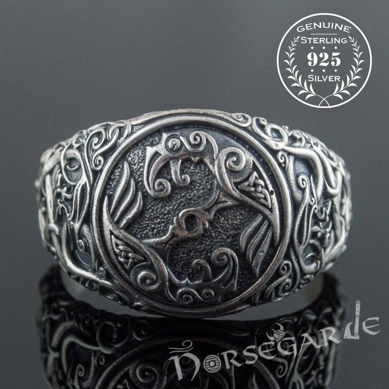 Handcrafted Urnes Style Ravens Ring - Sterling Silver - Norsegarde
