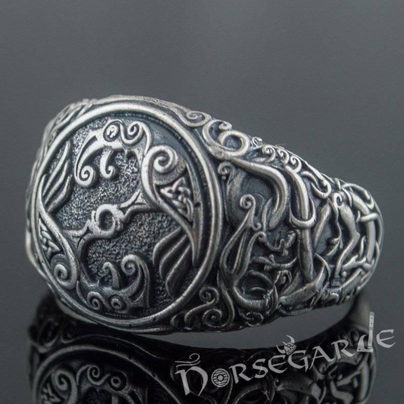 Handcrafted Urnes Style Ravens Ring - Sterling Silver - Norsegarde