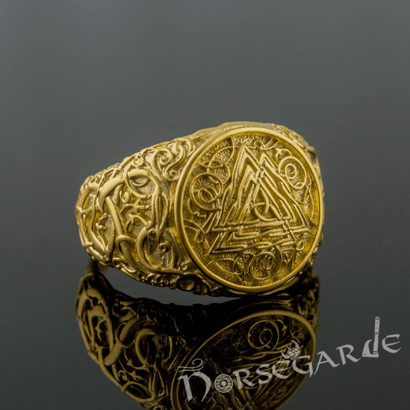 Handcrafted Urnes Style Valknut Ring - Gold - Norsegarde