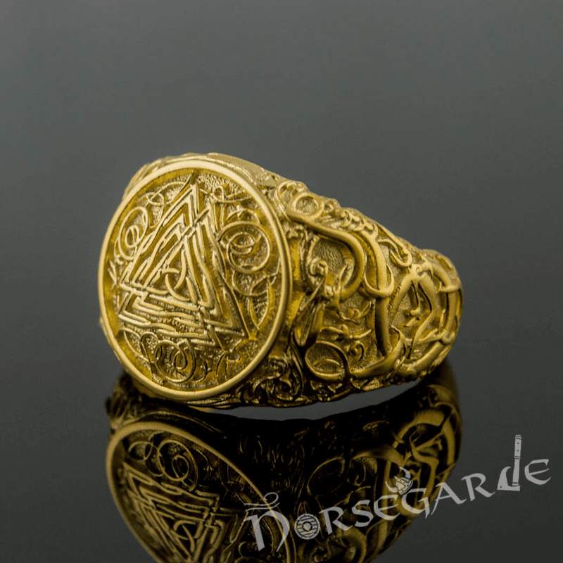 Handcrafted Urnes Style Valknut Ring - Gold - Norsegarde