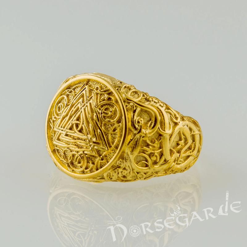 Handcrafted Urnes Style Valknut Ring - Gold - Norsegarde