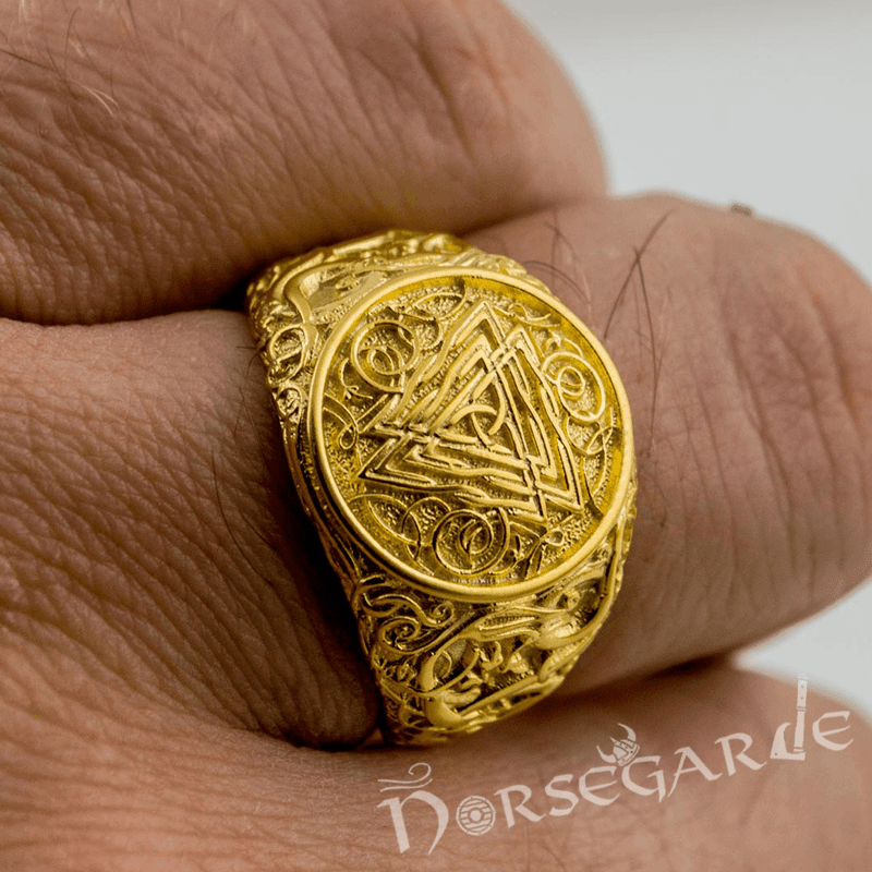 Handcrafted Urnes Style Valknut Ring - Gold - Norsegarde