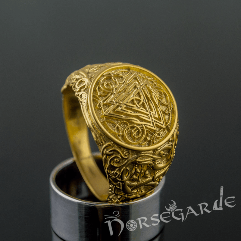 Handcrafted Urnes Style Valknut Ring - Gold - Norsegarde