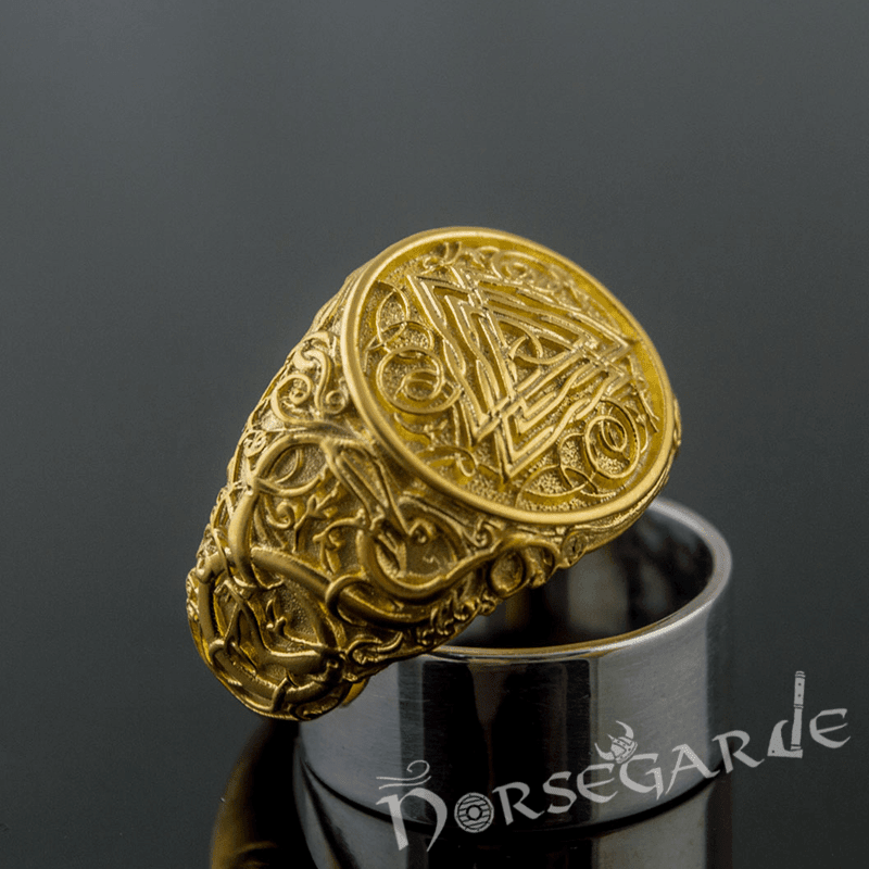Handcrafted Urnes Style Valknut Ring - Gold - Norsegarde