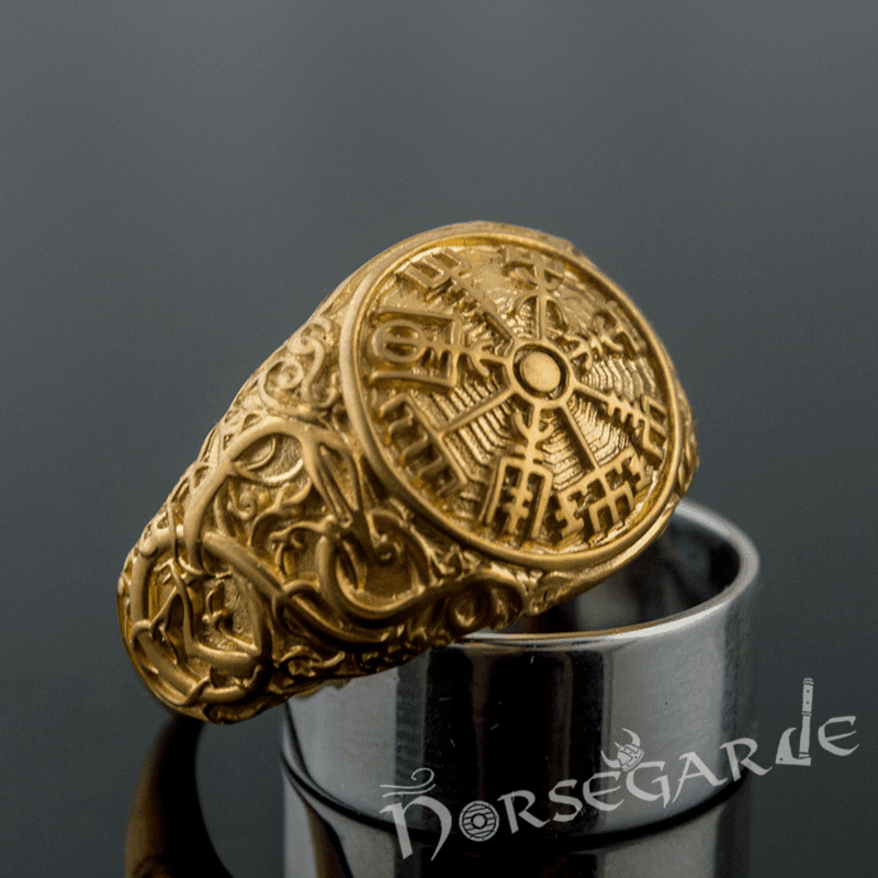 Handcrafted Urnes Style Vegvisir Ring - Gold - Norsegarde