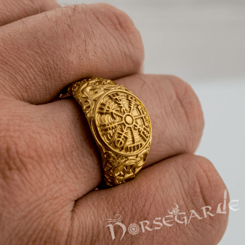 Handcrafted Urnes Style Vegvisir Ring - Gold - Norsegarde