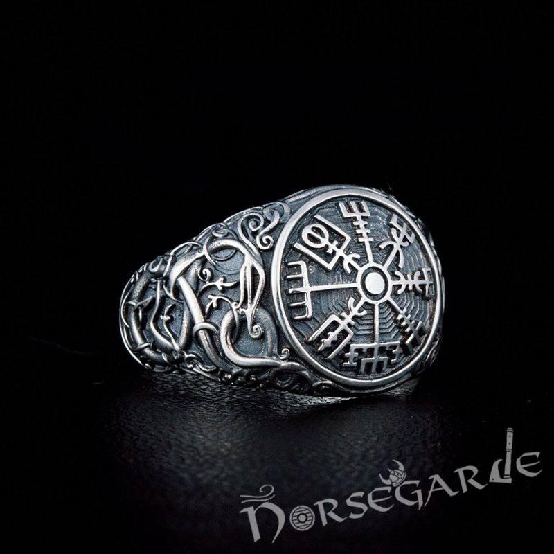 Handcrafted Urnes Style Vegvisir Ring - Sterling Silver - Norsegarde