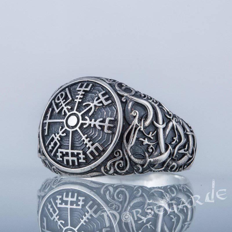 Handcrafted Urnes Style Vegvisir Ring - Sterling Silver - Norsegarde