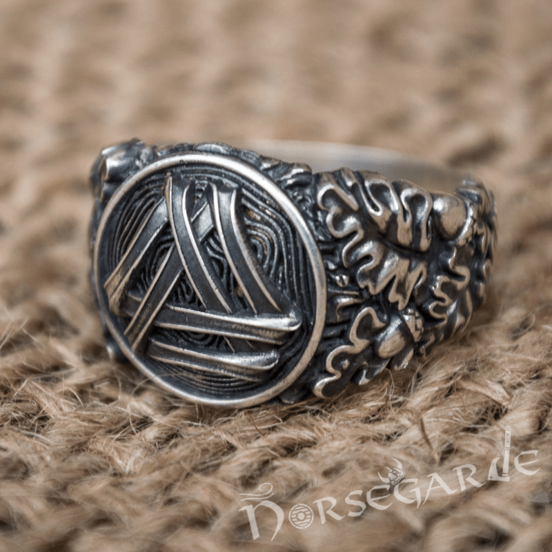 Handcrafted Valknut Oak Leaves Ring - Sterling Silver - Norsegarde