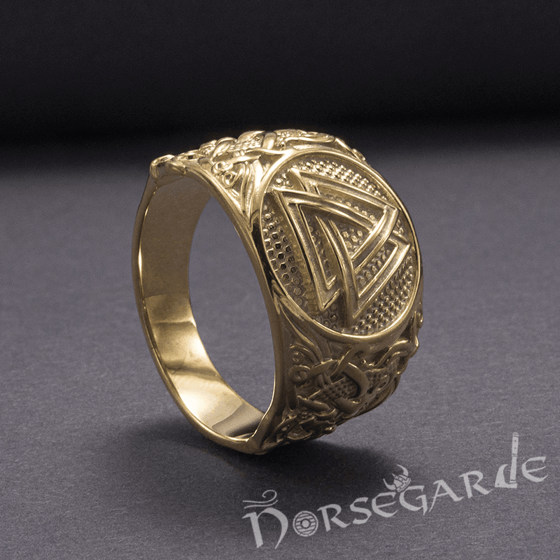 Handcrafted Valknut Rune Mammen Style Ring - Gold - Norsegarde
