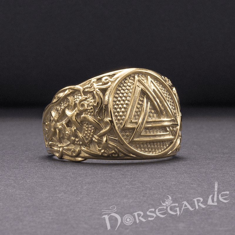Handcrafted Valknut Rune Mammen Style Ring - Gold - Norsegarde