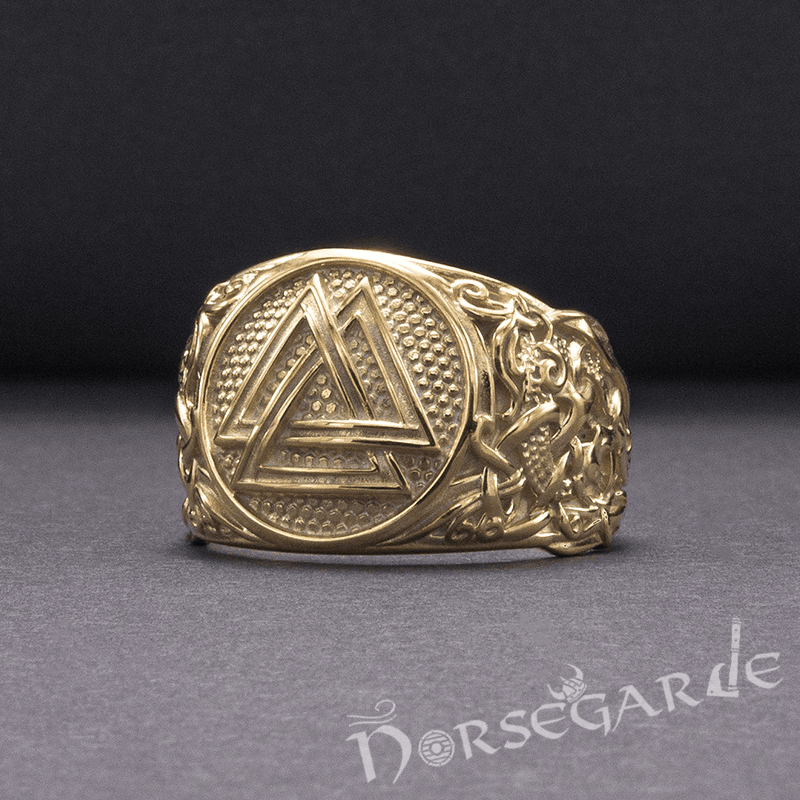 Handcrafted Valknut Rune Mammen Style Ring - Gold - Norsegarde