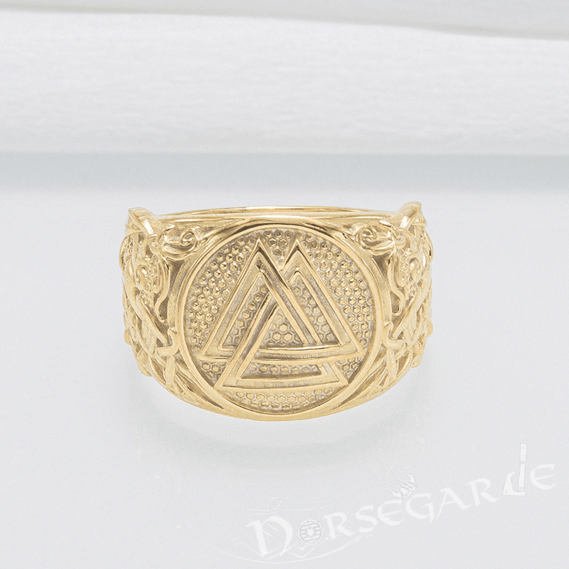 Handcrafted Valknut Rune Mammen Style Ring - Gold - Norsegarde