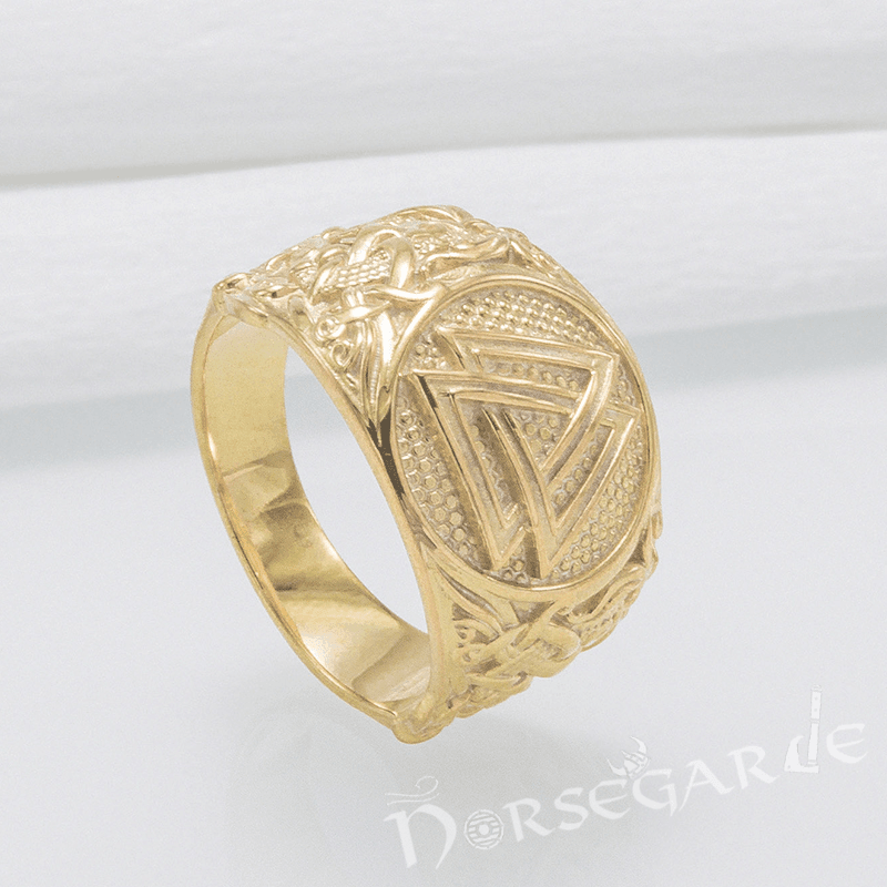 Handcrafted Valknut Rune Mammen Style Ring - Gold - Norsegarde