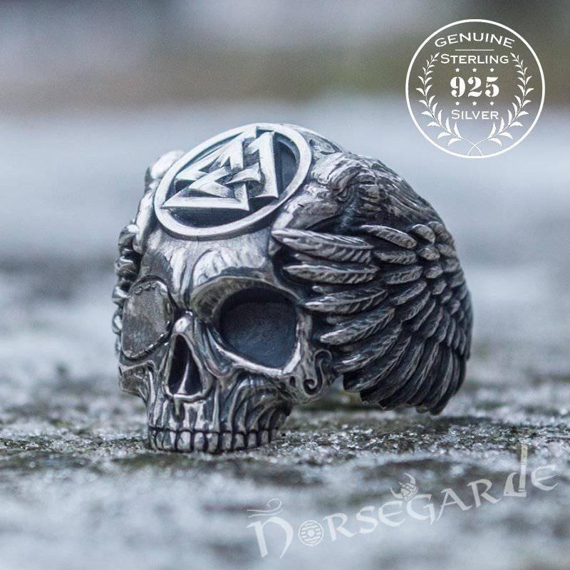 Handcrafted Valknut Skull and Ravens Ring - Sterling Silver - Norsegarde