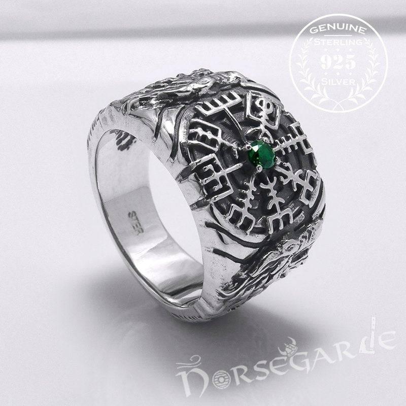 Handcrafted Vegvisir and Wolves Gemmed Ring - Sterling Silver - Norsegarde