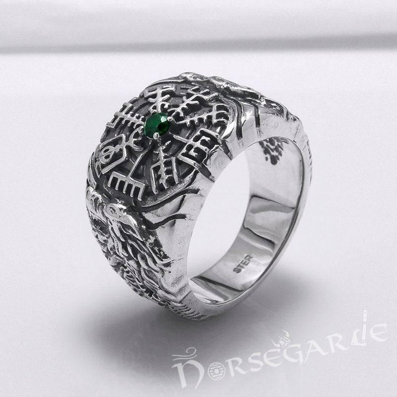 Handcrafted Vegvisir and Wolves Gemmed Ring - Sterling Silver - Norsegarde