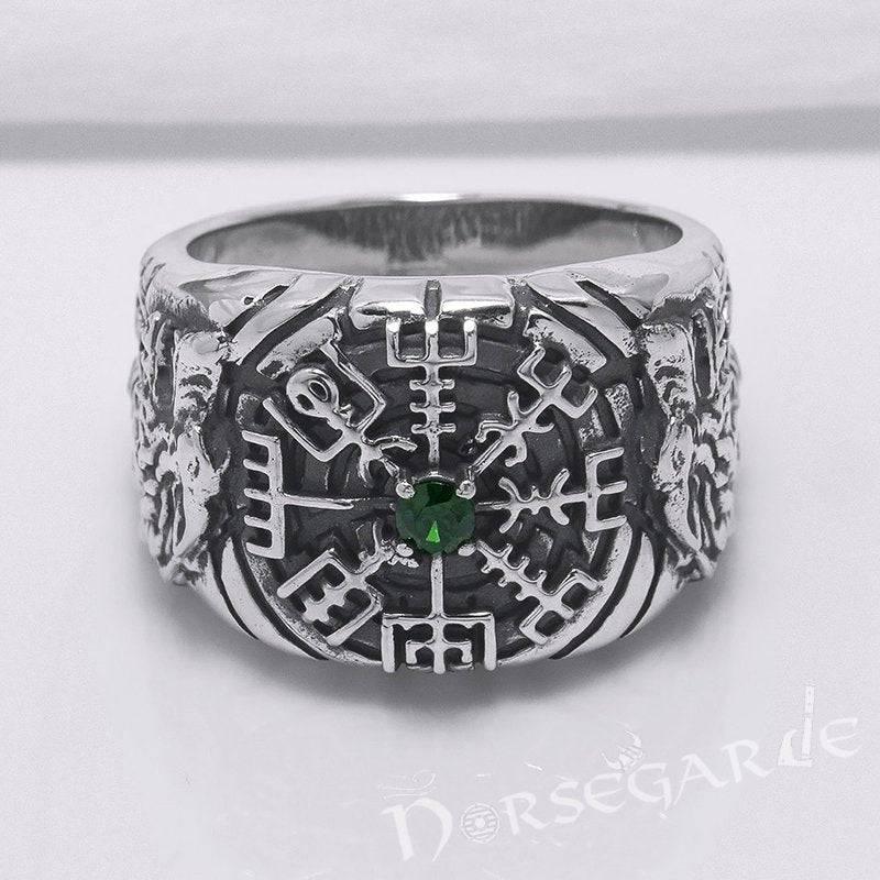 Handcrafted Vegvisir and Wolves Gemmed Ring - Sterling Silver - Norsegarde