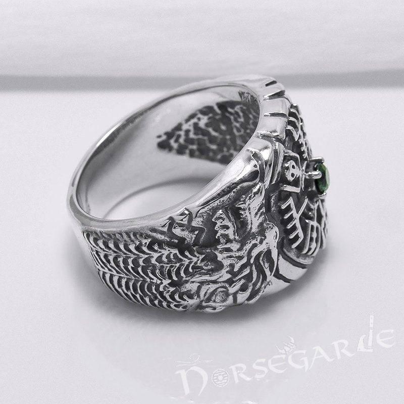 Handcrafted Vegvisir and Wolves Gemmed Ring - Sterling Silver - Norsegarde