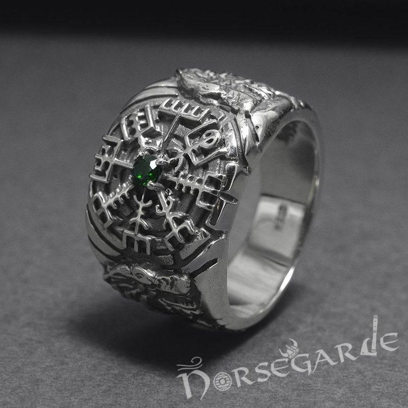 Handcrafted Vegvisir and Wolves Gemmed Ring - Sterling Silver - Norsegarde