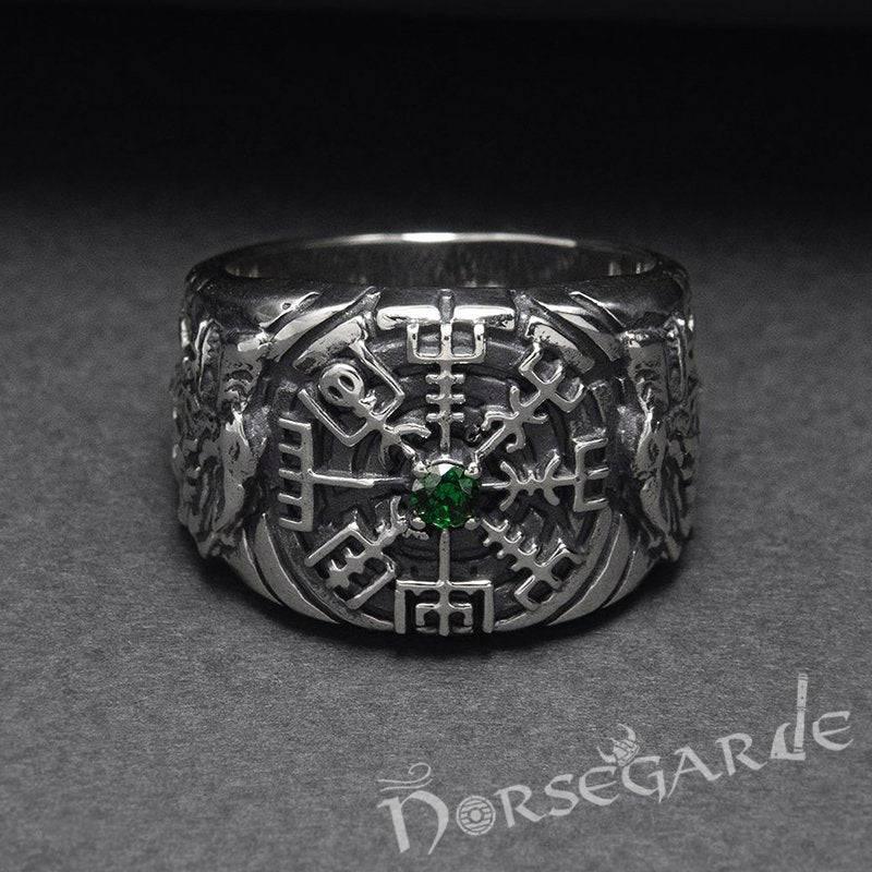 Handcrafted Vegvisir and Wolves Gemmed Ring - Sterling Silver - Norsegarde