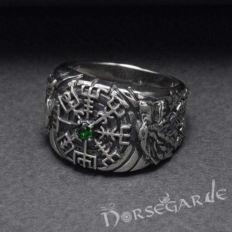 Handcrafted Vegvisir and Wolves Gemmed Ring - Sterling Silver - Norsegarde
