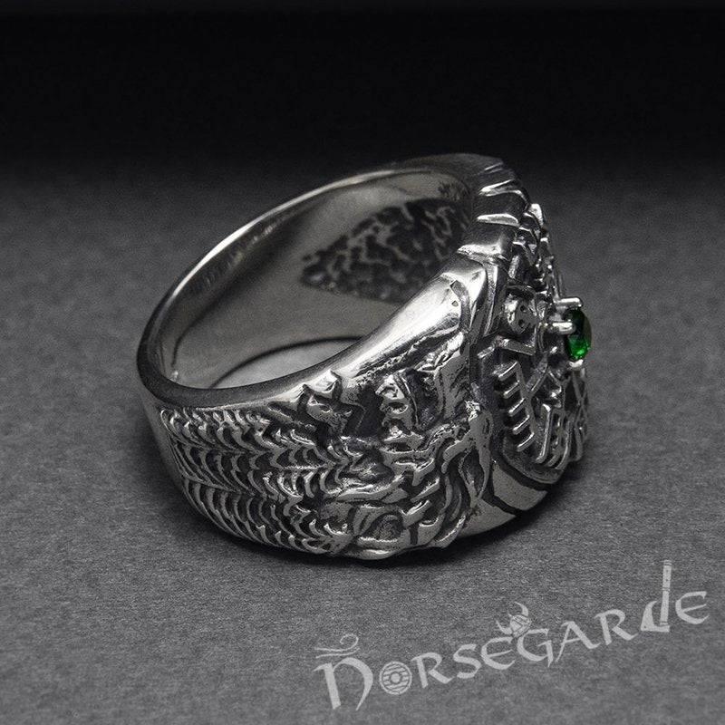 Handcrafted Vegvisir and Wolves Gemmed Ring - Sterling Silver - Norsegarde