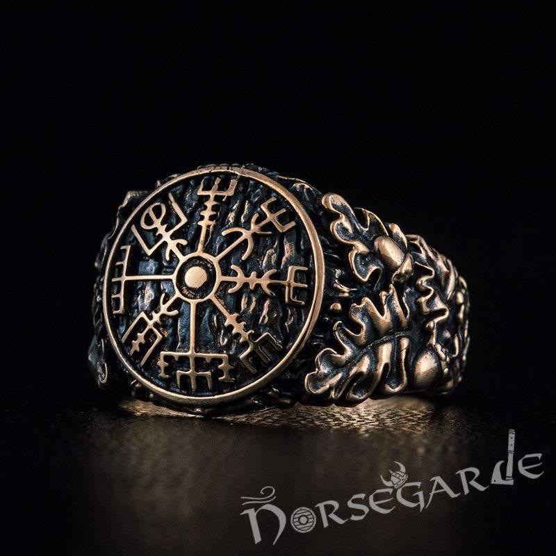 Handcrafted Vegvisir Rune Oak Leaves Ring - Bronze - Norsegarde