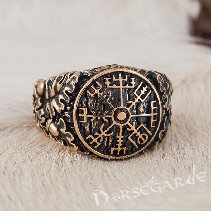 Handcrafted Vegvisir Rune Oak Leaves Ring - Bronze - Norsegarde