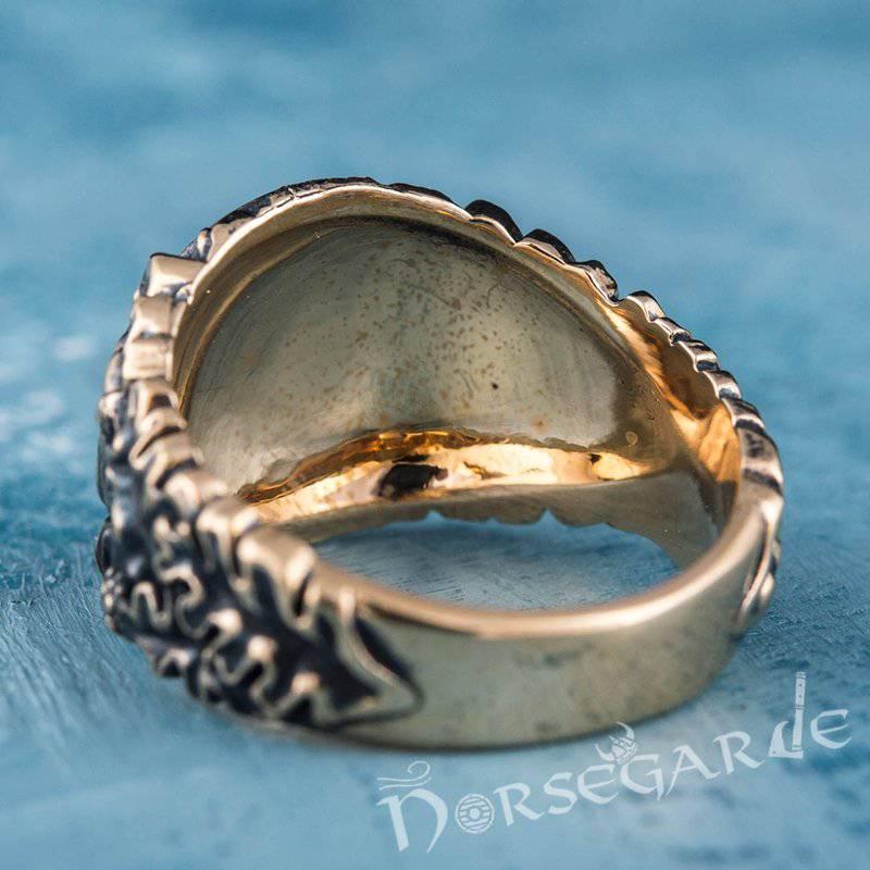 Handcrafted Vegvisir Rune Oak Leaves Ring - Bronze - Norsegarde