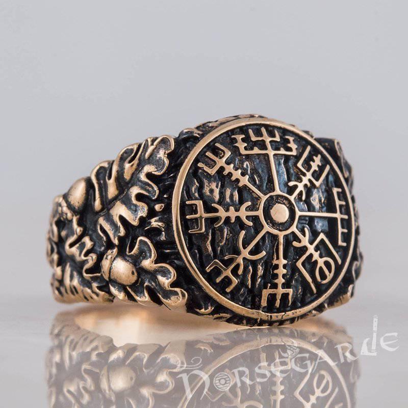 Handcrafted Vegvisir Rune Oak Leaves Ring - Bronze - Norsegarde